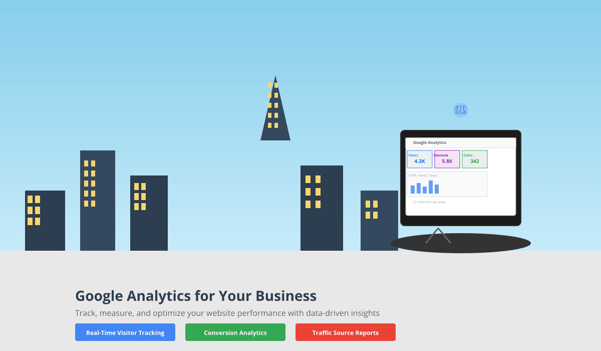 Columbus skyline with laptop displaying Google Analytics dashboard