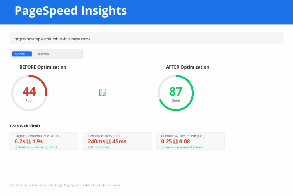 Google PageSpeed Insights report on laptop showing Core Web Vitals scores including Largest Contentful Paint (LCP), Cumulative Layout Shift (CLS), and First Input Delay (FID) with performance metrics for mobile and desktop