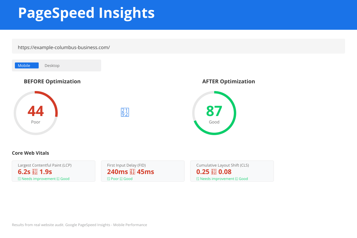 Google PageSpeed Insights report on laptop showing Core Web Vitals scores including Largest Contentful Paint (LCP), Cumulative Layout Shift (CLS), and First Input Delay (FID) with performance metrics for mobile and desktop