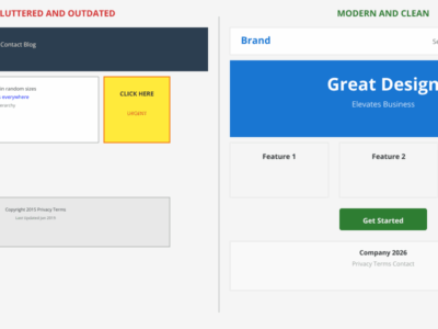 Small business website redesign before and after showing cluttered outdated design versus modern clean layout